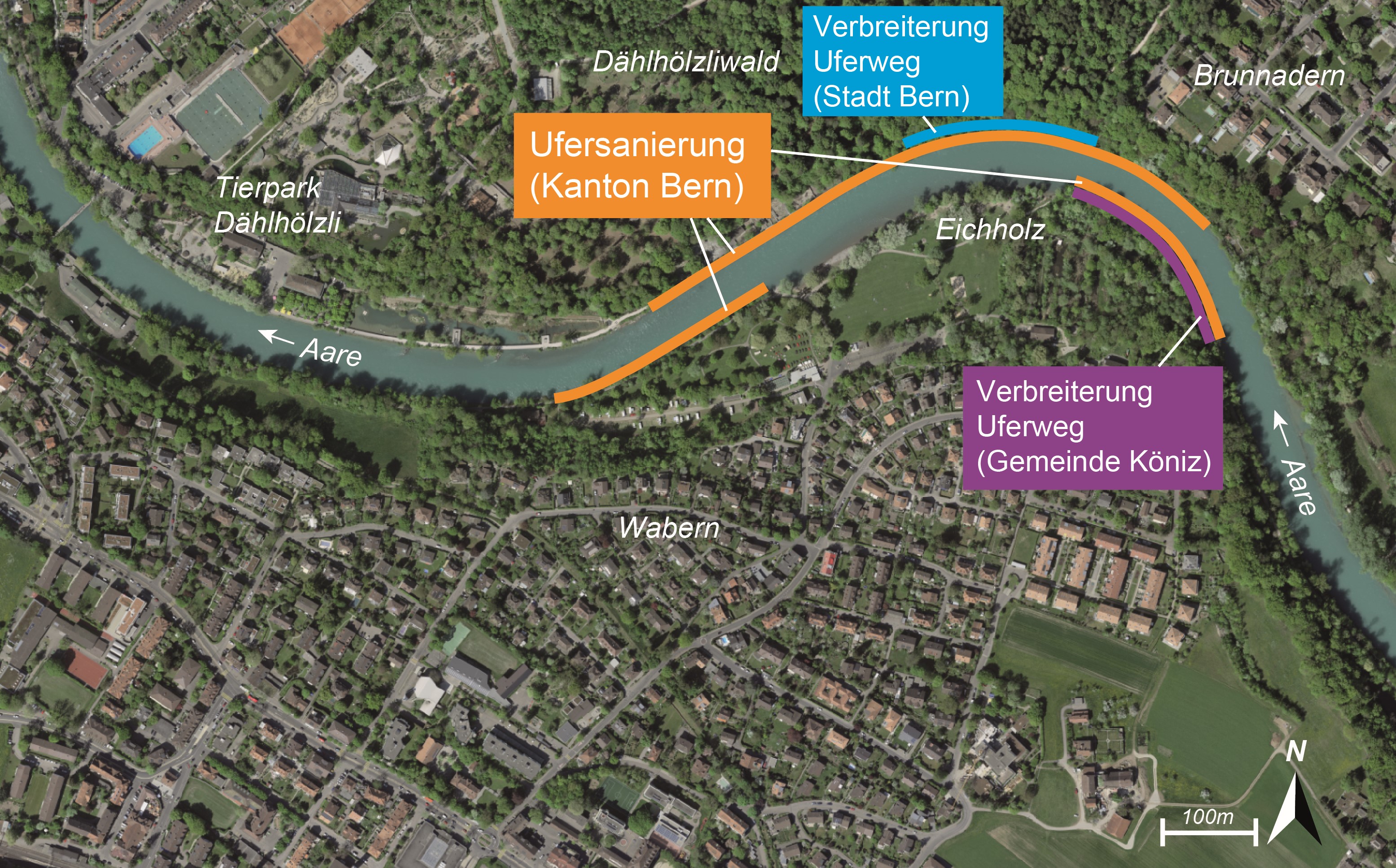 Sanierung der Uferverbauungen entlang der Aare im Bereich Eichholz-Dählhölzli.